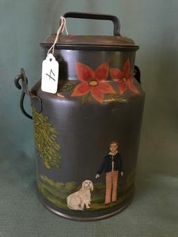 Hand Painted Tin Cream Can W/Lid