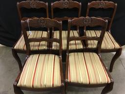 Set Of (6) Vintage Carved Back  Mahogany Stained Chairs W/Padded Seats