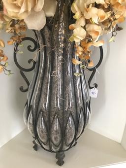 Decorative Metal and Clear Plastic Vase with Synthetic Floral Arrangement