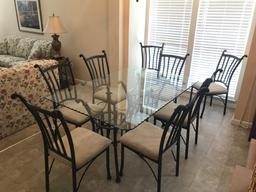 Metal and Glass Dining Table with 8 Metal Chairs