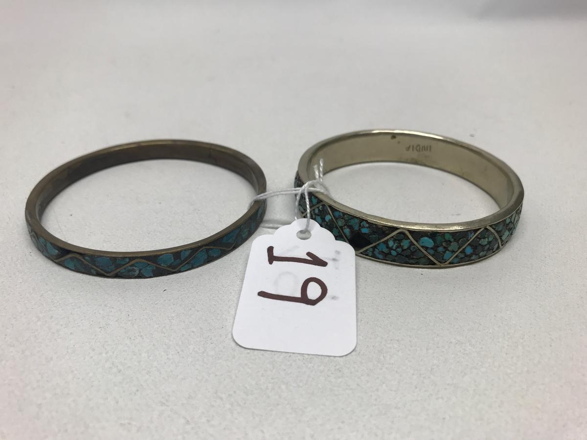 Pair Of Older Bracelets W/Turquoise Chips-(1) Is Marked India