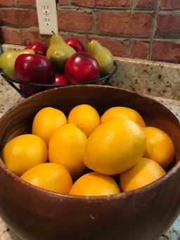 Bowl Of Fruit In Metal Bowl & Lemons In Wooden Bowl