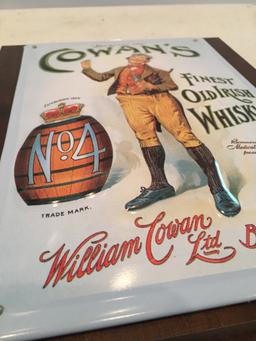 Cowans Old Irish Whiskey Convex & Embossed Tin Sign