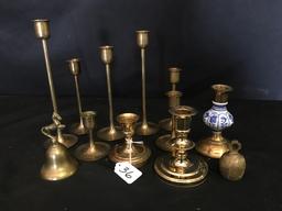 Lot Of Brass Candleholders & Horse Finial Bell