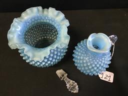 (2) Pcs. Blue Opalescent Hobnail: Bowl & Cruet