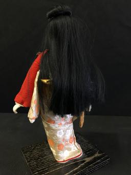 Vintage Bisque Oriental Doll On Wood Base