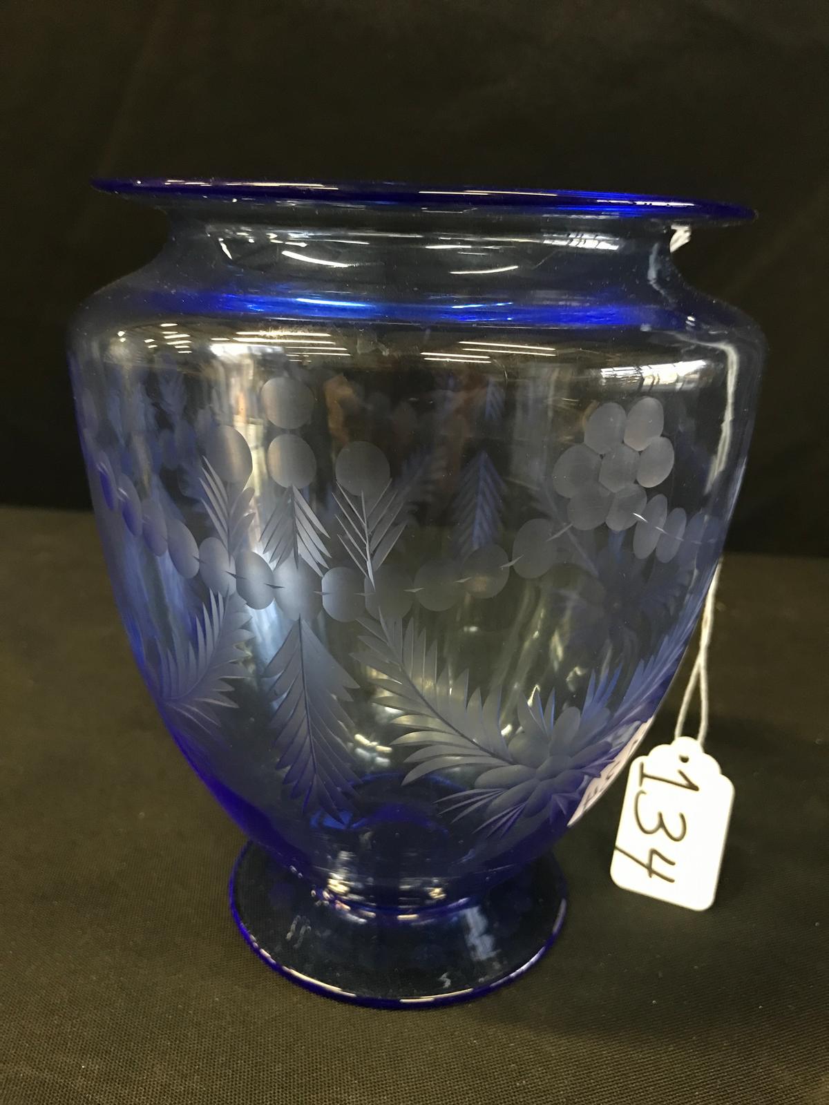 Etched Blue Vase Is 7.25" Tall