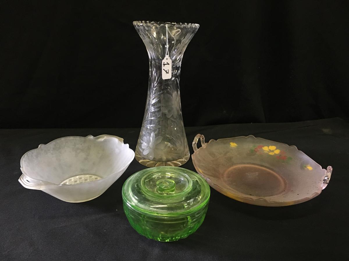 Glassware: 12"T. Vase & Depression Glass Items