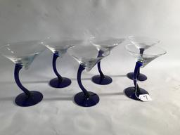 (6) Cobalt Blue & Clear Martini Glasses