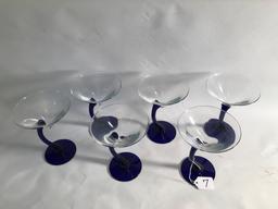 (6) Cobalt Blue & Clear Martini Glasses