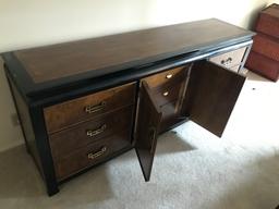 Century Burlwood & Black Lacquor Dresser W/Oriental Design & Brass Accents