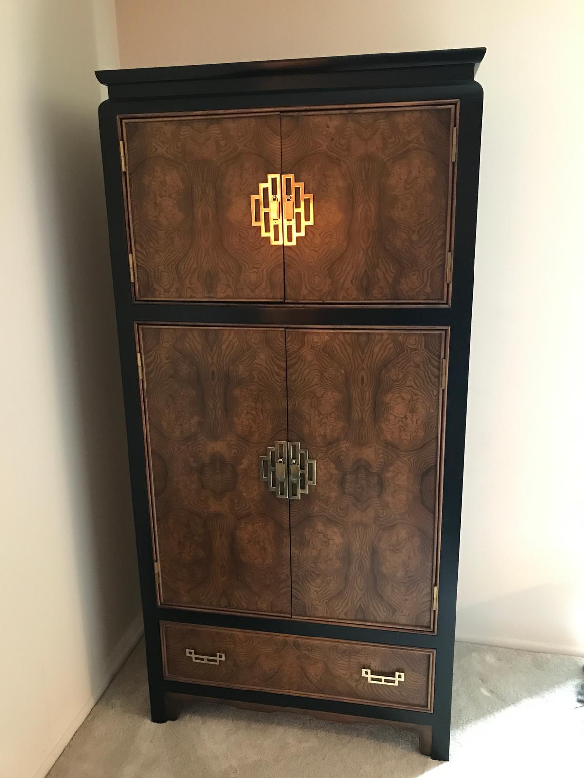 Century Burlwood & Black Lacquor 4-Door Wardrobe W/Oriental Design