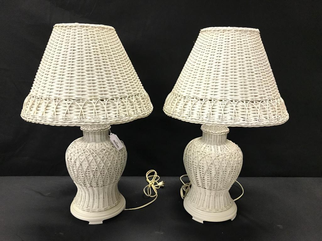 Matching White Wicker Lamps W/Wicker Shades