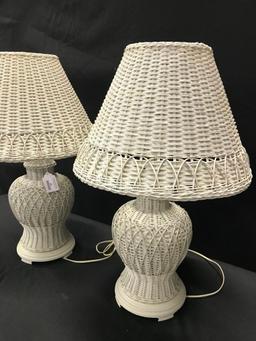 Matching White Wicker Lamps W/Wicker Shades