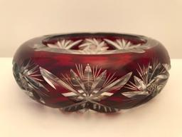 Cut Bohemian Glass Ashtray-Red & Clear