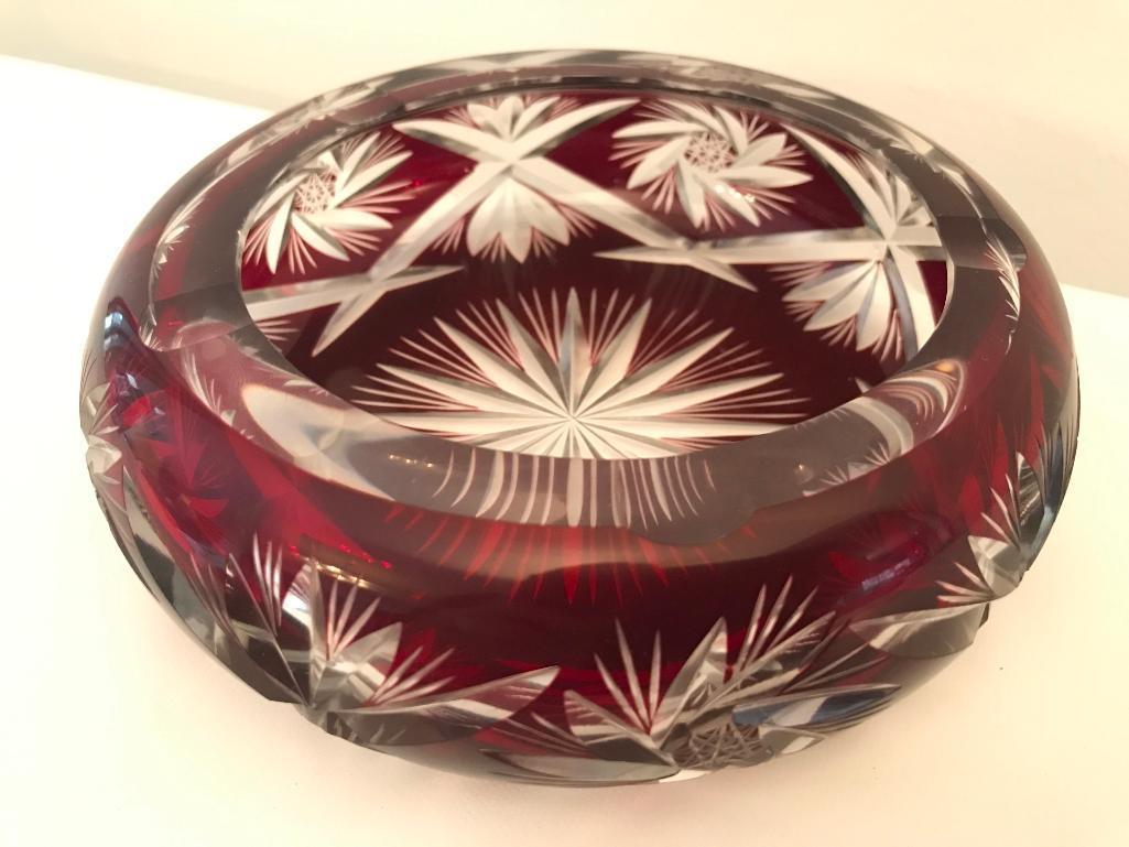 Cut Bohemian Glass Ashtray-Red & Clear