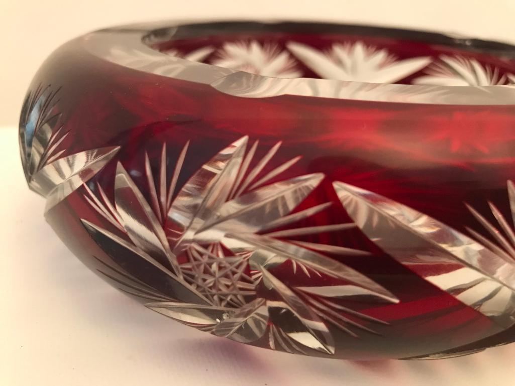 Cut Bohemian Glass Ashtray-Red & Clear