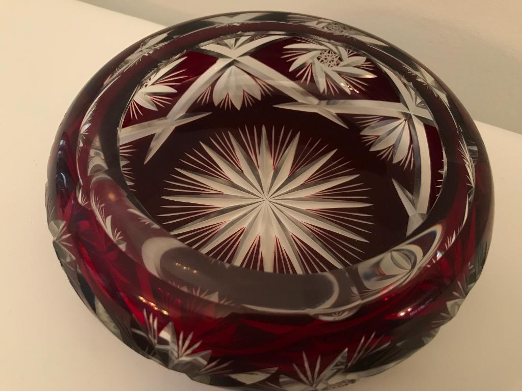 Cut Bohemian Glass Ashtray-Red & Clear