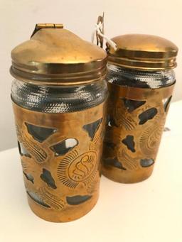 (2) Glass Spice Jars In Hand EngravedBrass Frame