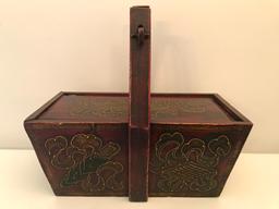 Primitive Look Oriental Handled Wooden Box W/Slide Lid