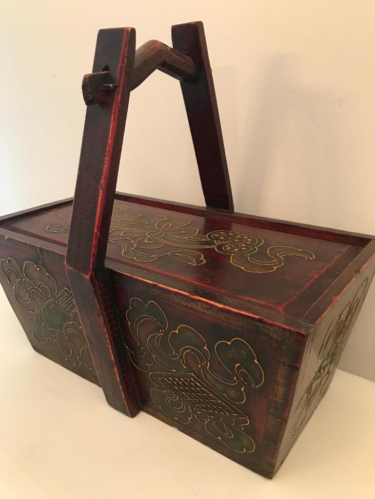 Primitive Look Oriental Handled Wooden Box W/Slide Lid