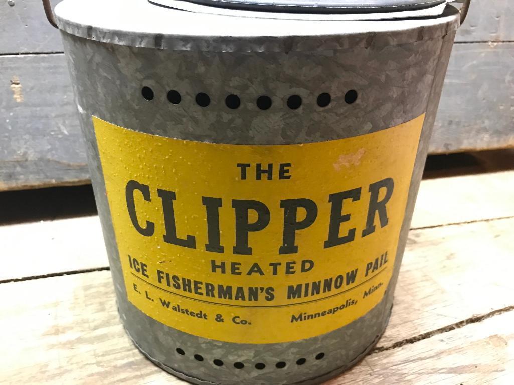 Rare "The Clipper" Oil Heated Ice Fisherman's Minnow Pail N.O.S.