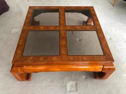 Schnadig Furniture Square Coffee Table In Oriental Design W/Glass Inserts