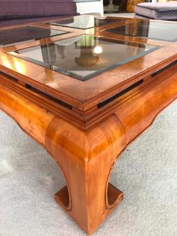 Schnadig Furniture Square Coffee Table In Oriental Design W/Glass Inserts