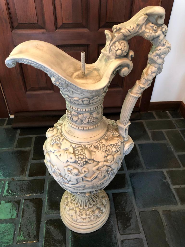 Large Plaster Renaissance Style Ewer W/Cherubs, Grapes & Grape Leaves