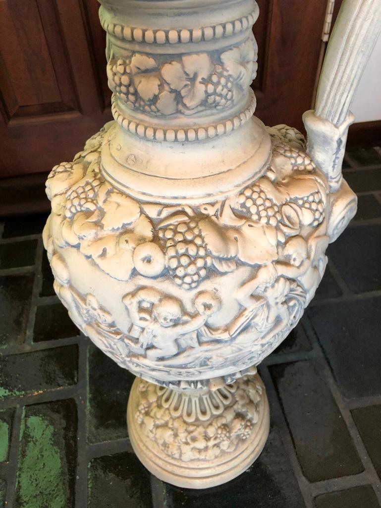 Large Plaster Renaissance Style Ewer W/Cherubs, Grapes & Grape Leaves