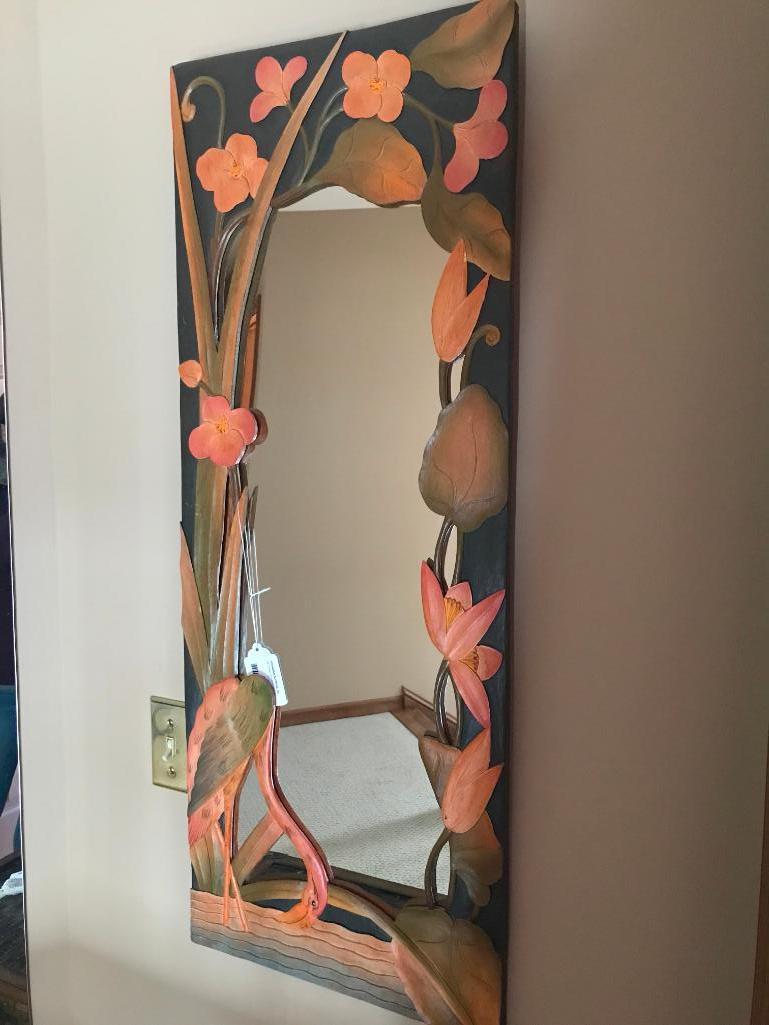 Relief Carved Wall Mirror W/Flamango's & Flowers