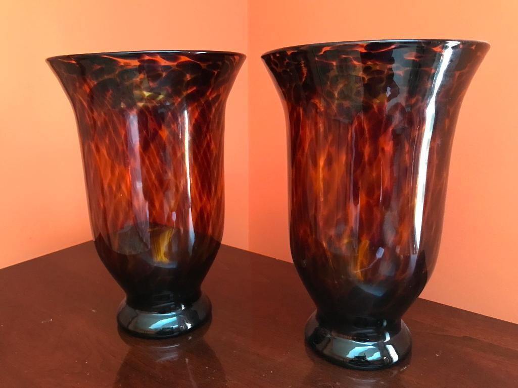 (2) Matching "Tortoise Shell" Glass Vases/Candle Holders