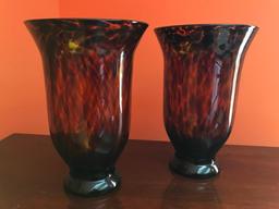 (2) Matching "Tortoise Shell" Glass Vases/Candle Holders