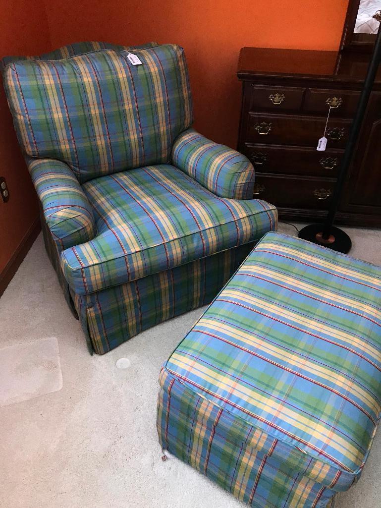Plaid Upholstered Armchair W/Matching Ottoman