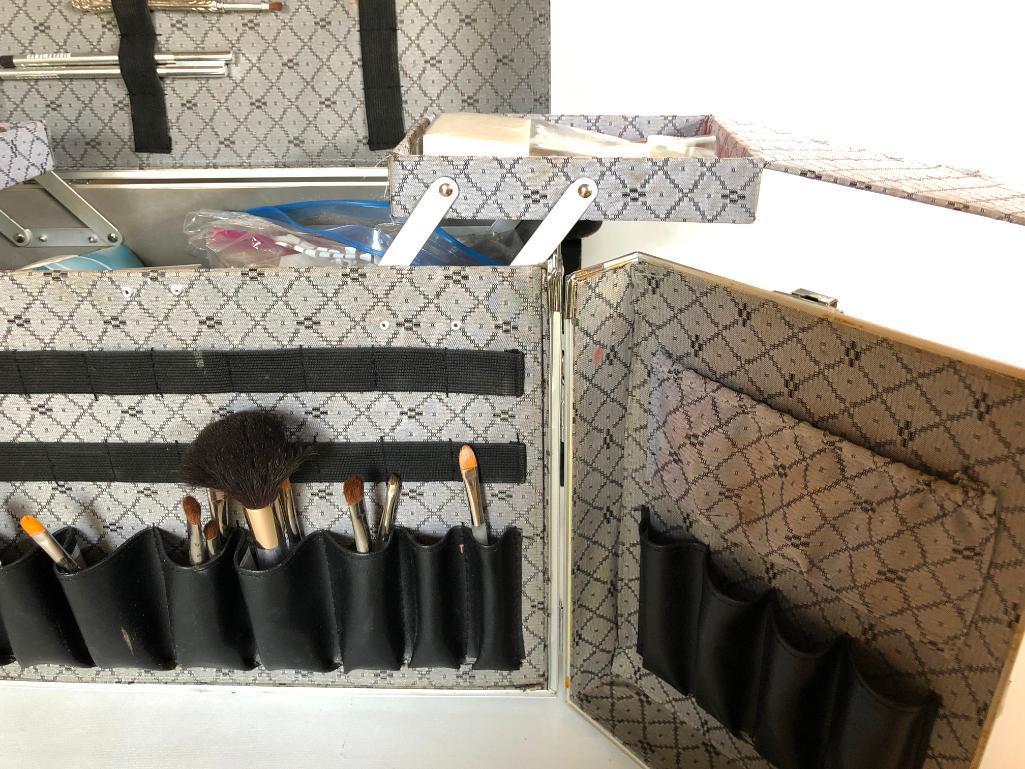 Silver Cosmetic Tote on Wheels with all Contents Shown, Brushes and More!