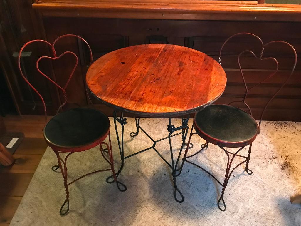 Antique Ice Cream Table & (2) Chairs W/Heart Design