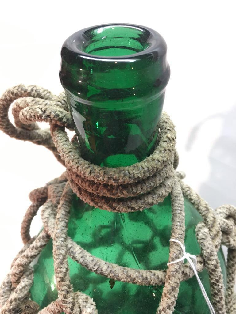 Vintage Green Bottle In Rope Casing