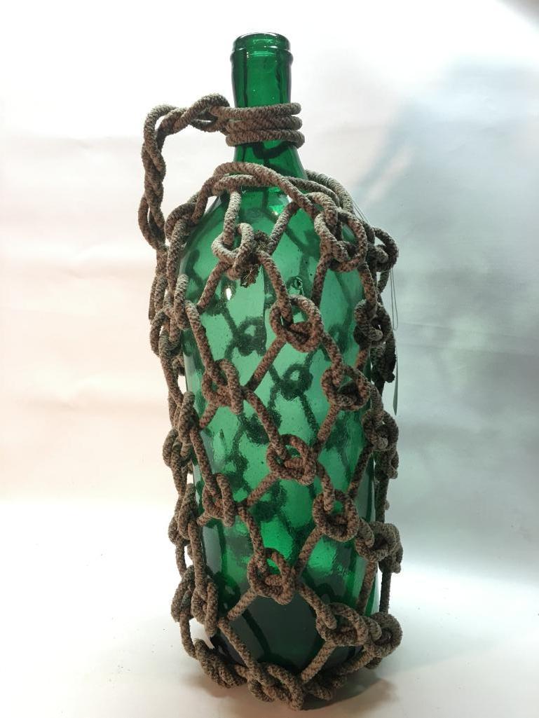 Vintage Green Bottle In Rope Casing