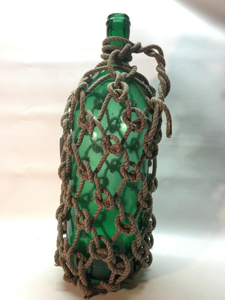 Vintage Green Bottle In Rope Casing