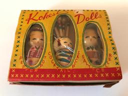 Set of Kokesi Dolls in Original Box, Includes a Pepper Pot, Salt Cellar and Cocktail Picks