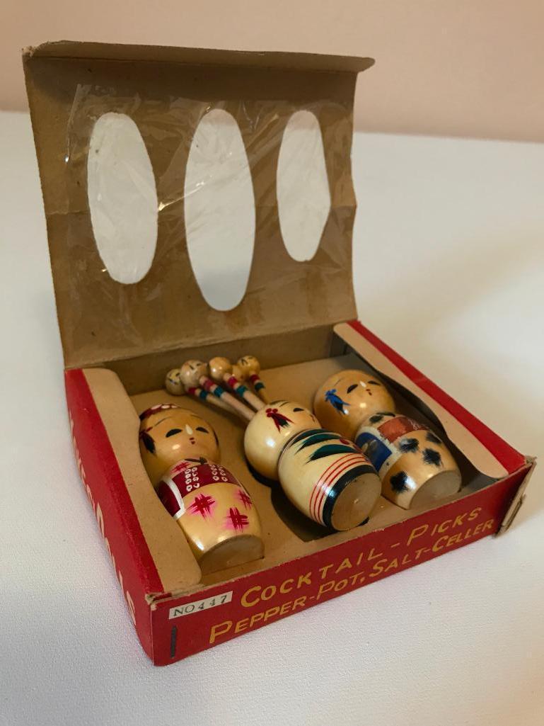 Set of Kokesi Dolls in Original Box, Includes a Pepper Pot, Salt Cellar and Cocktail Picks