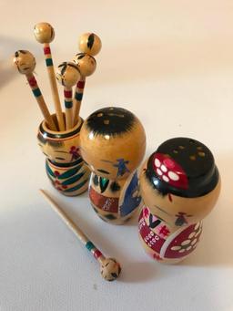 Set of Kokesi Dolls in Original Box, Includes a Pepper Pot, Salt Cellar and Cocktail Picks