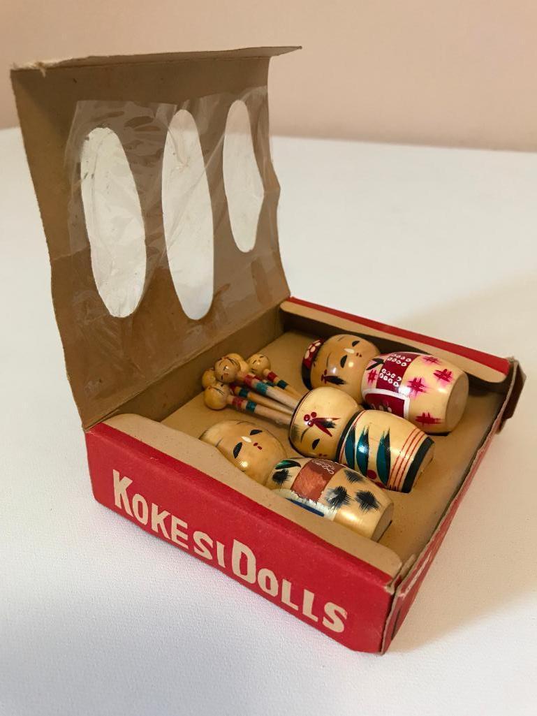 Set of Kokesi Dolls in Original Box, Includes a Pepper Pot, Salt Cellar and Cocktail Picks