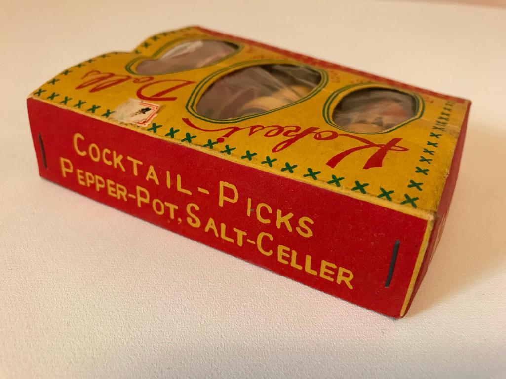 Set of Kokesi Dolls in Original Box, Includes a Pepper Pot, Salt Cellar and Cocktail Picks