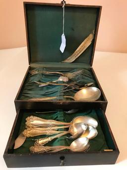 Group of Silver Plate Flat Ware in Vintage Wood Box