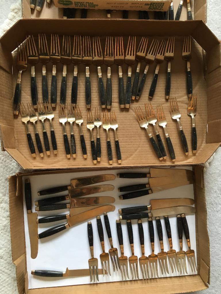 (115) Pcs. Bronze/Brass Flatware W/Serving Pcs. In Wooden Box