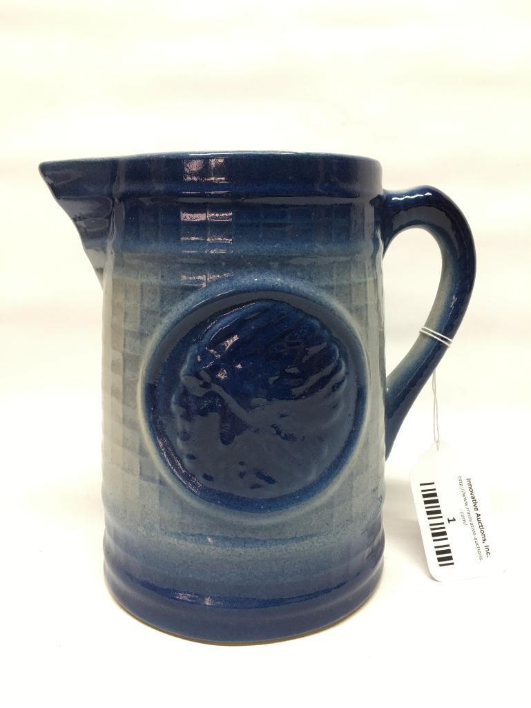 Vintage Blue & White Stoneware Pottery Pitcher W/Embossed Indian Chief