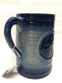 Vintage Blue & White Stoneware Pottery Pitcher W/Embossed Indian Chief