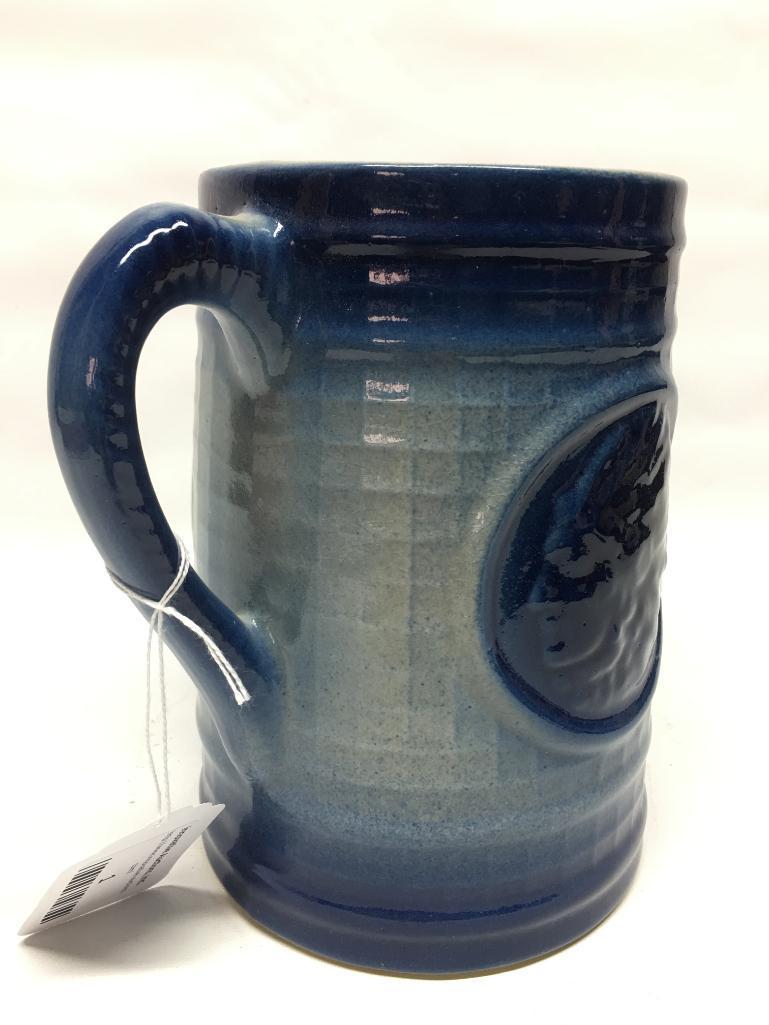 Vintage Blue & White Stoneware Pottery Pitcher W/Embossed Indian Chief