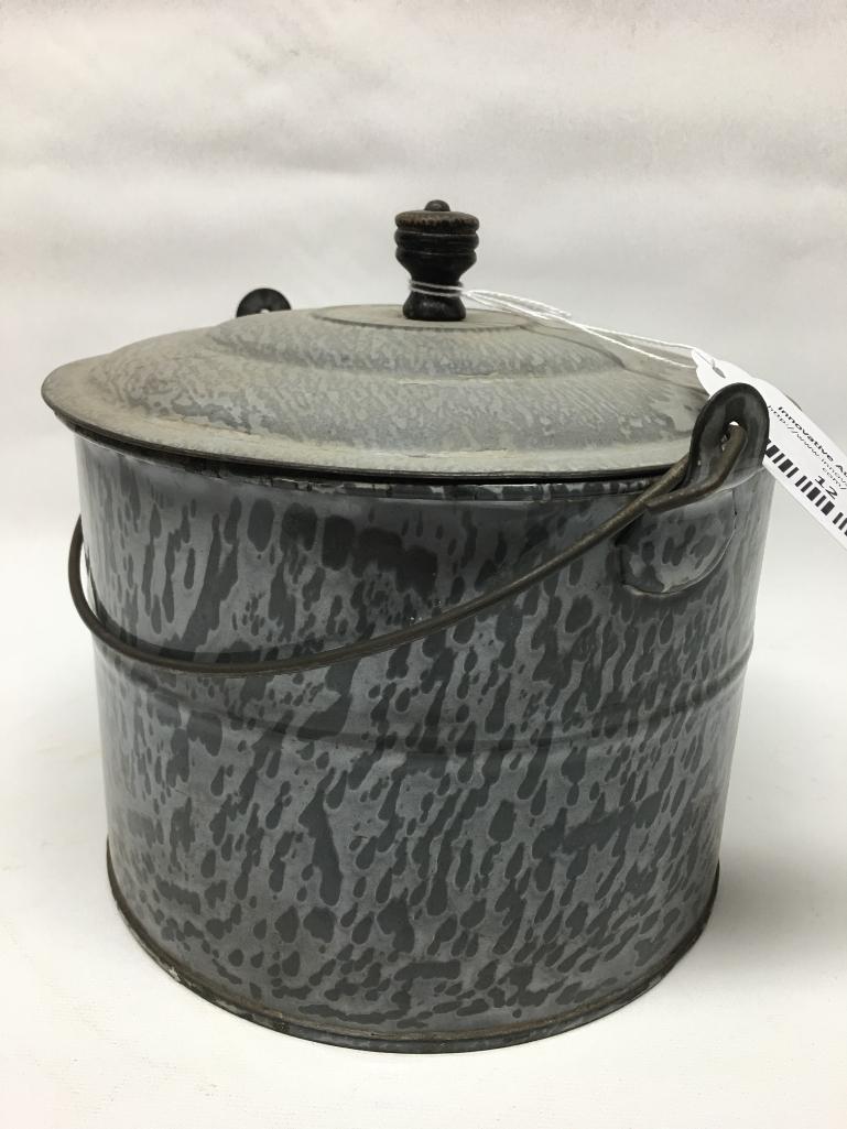 Antique Graniteware Berry Pail W/Lid & Bail